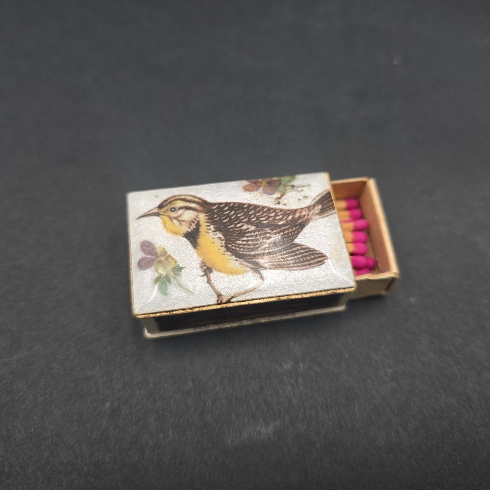 Vintage Brass Guilloche Enamel Meadowlark Bird Matchbox Cover with Matches - Picture 2 of 10